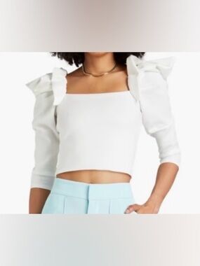 Alice + Olivia White Square-Neck Puff-Sleeve Crop Top